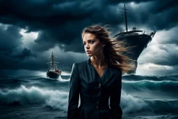 Compose a haunting and powerful image of a beautiful girl surrounded by her sadness in a surreal environment. Use dynamic lighting to create contrast and depth, illuminating her emotions and struggles. The sky above should be turbulent, with storm clouds brewing, reflecting the turmoil within her. In the background, depict a stormy ocean with a sinking ship, symbolizing loss and despair. Show a few people struggling for survival, adding a sense of urgency and chaos to the scene. Let the composit