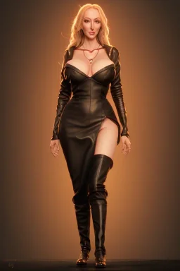 Brandi Love in black leather gown, evil, busty, cleavage, curvy, angry, happy, stern look. character design by cory loftis, fenghua zhong, ryohei hase, ismail inceoglu and ruan jia. unreal engine 5, artistic lighting, highly detailed, photorealistic, fantasy