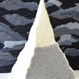 Model of the Matterhorn made of wool knitting, grey, black and white, mountains in the background