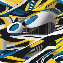 Drawing Zaha Hadid style egg-shaped country house colors black white blue and yellow aerial view