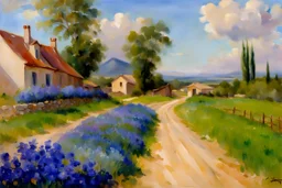 Sunny day, clouds, dirt road, flowers, mountains, houses, trees, john singer sargent watercolor paintings