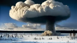 Siberia scenery,taiga forest,winter, heavy clouds, consisting of tall trees and dense vegetation, a mushroom-shaped cloud rises into the sky. The cloud is depicted as a massive column of smoke, dust, and debris, ascending vertically and spreading out at the top, forming a distinctive mushroom-like shape, a barren and desolate scene, with charred remnants of trees scattered across the scorched earth, high resolution photo 24K, high quality, ultraHD, cinematic lighting,