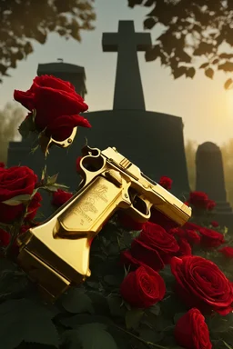 two golden guns above a grave in a field full of red roses.cinematic