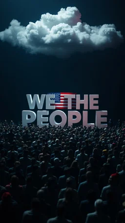 A field of random people in a dark lighting , at the top of the picture a huge 3D text for the words “WE THE PEOPLE “ in the clouds and the American flag in 3D