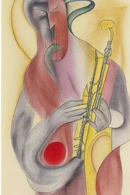 Pencil drawing and watercolour by Barbara Hepworth and Paul Klee grey and gold and red of a man playing the saxophone