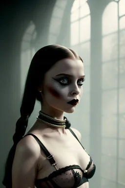 mdjrny-v4 style, wednesday addams in sexy lingerie, horror film by tim burton, dark and moody atmosphere, cinematic lighting, Hyperrealism, 8k uhd, bokeh, god rays