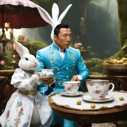 Donnie Yen with a rabbit outfit taking tea with Alice in wonderland