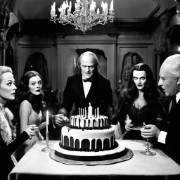 [high res photo by Ray Harryhausen] a Spooky Birthday Party at the Addams Family mansion, where the air is thick with eerie excitement. Suddenly, a shudder runs through the cake, causing a hush to fall over the room. With a grotesque squelch, the cake splits open, and to the horror of the guests, Bo Derek emerges from within, covered in cream and frosting. Her yellow leotard is stained and tattered, adding to the nightmarish scene unfolding before their eyes.