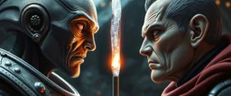 Close-up confrontation between an ancient alien outcast leader and a space broker, standing only a meter apart, intense eye contact, glowing crystalline rod between them, anger mixed with sadness, dramatic facial expressions, shallow depth of field, cinematic lighting, stylized 3D anime, airbrush painting, crisp outlines