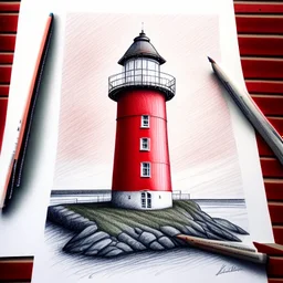 A metallic colored pencil drawing of the red lighthouse Sletringen Lighthouse in Norway