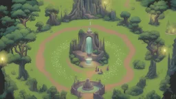 The poster depicts the mystical realm of Tir na nÓg in Ireland, with a dense, ancient forest surrounding a tranquil fountain shimmering with iridescent hues. Ethereal faeries dance amidst the lush greenery, inviting players on a journey filled with wonder and adventure.
