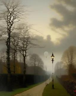 A white sky with musical instrument-shaped clouds painted by John Atkinson Grimshaw