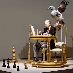 Putin, President Xi Of China And Joe Biden Play Chess With A Pigeon,Ufo And Atomic Bomb Mushroom Cloud,Complex Surgical Instruments Intermixed With A Newborn Boy,Minimalism,Painting By Adrian Ghenie,Rene Magritte,Pablo Picasso,Michelangelo,Salvador Dali,Lucian Freud