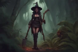 caricature, evil, dark arts, intricately painted, scariest female witch of the world, set in a jungle, (holding a machete:1.6), giant boots, punk, worn, bokeh, Low DOF, 16k, trending on artstation.