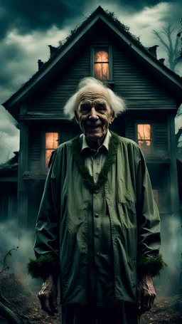 In front of a creepy haunted house stands an overgrown grandfather in a forester costume with an scary smile, the atmosphere of a HORROR FILM, dark clouds