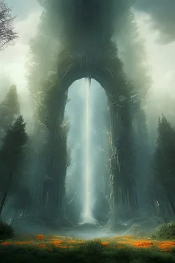 Apocalyptic urban setting with a huge portal being generated in mid air. The border of the portal is made of a wispy translucent white and golden lacy light with geometric fractal patterns. Inside of the portal, a peaceful lush forest setting with a waterfall can be seen. Outside of the portal is an ominous smoky orange-red hazy atmosphere.