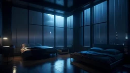 Beautiful cozy bedroom with floor to ceiling glass windows overlooking a cyberpunk city at night, thunderstorm outside, with torrential rain inside, detailed, high resolution, photorrealistic, dark, gloomy, moody aesthetic