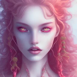 Beautiful, Fire witch, round face, pale skin, wild curly pink hair, red eyes, pink and red eyeshadow, pink glossy lips, wearing a pink witch, wearing a red crystal necklace