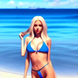 Beautiful woman blue eyes long blond hair in a bikini on a beach, unreal engine, 4k