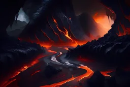 A mesmerizing, volcanic landscape with rivers of glowing lava flowing through jagged, obsidian formations, creating a striking contrast of light and darkness.