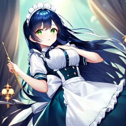 girl, masterpiece, best quality, volumetric lighting, detailed outfit, perfect eyes, dark blue hair, green eyes, long hair, maid,