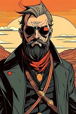 a saint gunman with round sunglasses and a black coat and beard in the wild west, grim comic