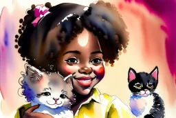 A cute smiling Afro-American girl is holding a kitten. Watercolour