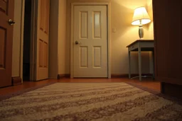 generate a closeup of a motel room floor, showing an imprint of a missing rug