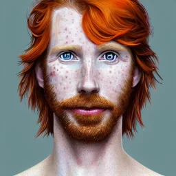 Portrait of young Courtney Gains as a ruggedly handsome, joyful, roguish pirate, charismatic, attractive male, masculine, perfect, precisely detailed clear eyes, unblemished, flawless skin, softly freckled face; meticulously detailed multi-hued ginger carrot-colored cherry fire red hair; fantasy, intricate, elegant, highly detailed, digital painting, concept art, matte, sharp focus, illustration, art by artgerm and greg rutkowski and alphonse mucha