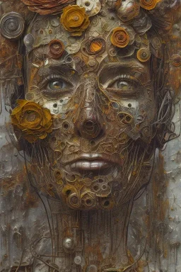 an abstract painting of rusted metal and flowers, by anselm kiefer and lucian freud, rust, scaffolding, iron cladding, decay, mixed media, textured, anatomically correct, beautiful perfect face, sharp focus, highly detailed