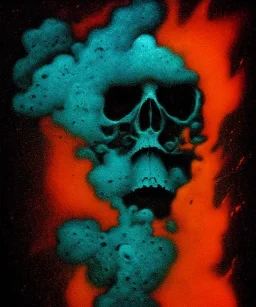 broken skull. black background. smoke and explode. particles in air. teal and orange. abstract. beksinski.