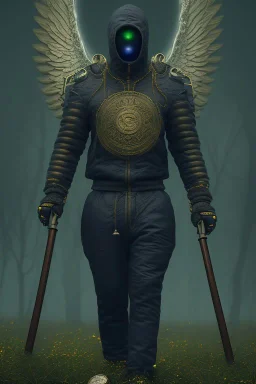 running berserker portrait , no face, black jogging suite , in the night Alps , holding coins , angels background, volumetric gold light, high detail, dark leaf tree, dark mountains in background, perfect, HR Giger style