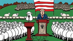 malevolent world leader and orator at podium speaking to large field of sheep