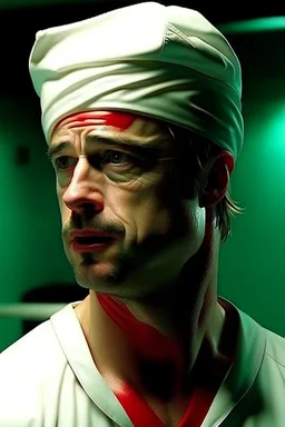 brad pitt from fight club wearing swimming google and a swimming cap