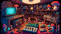 everything made of mushrooms. a trippy heavily detailed cartoon adventure of a psychedelic mushrooms smoking gnome music producer all alone in his old attic. analog music equipment all over. tiny details in every corner of the room (glowing mushrooms). 2 turntables and a mixer, tb303, etc. gnomes hanging out in the room. futuristic music equipment. large speakers in the corner of the room. music knobs all over the smoke-filled room. strange music instruments. art deco art nouveau style.