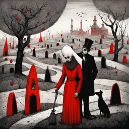 Ink illustration by Alexander Jansson, heavily inspired by the unsettling symbolism of Santiago Caruso and Edward Gorey, depicting a plague born out of popular culture, voracious consumerism cemetery, red and black color scheme, line art punctuating the grim narrative, De stijl aesthetic, detailed sketch, chilling motifs, dramatic, textured surface, ominous representation, unsettling offbeat pop critique.