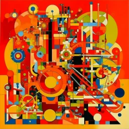 An orange colored mechanical factory with magnets painted by Wassily Kandinsky