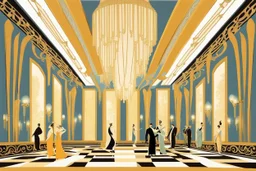 Inside an Art Deco Opera foyer, with mirrors and brass sconces, incandescent, gleaming, people in extravagant costumes by artist "Erte"