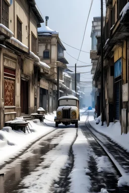 An empty street in Egypt with snow and a tuk-tuk