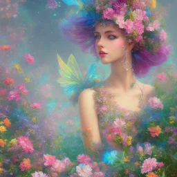 bright fairy in a flowery landscape synthwave, colorful, concept fairy art, smooth, extremely sharp detail, finely tuned detail, ultra high definition