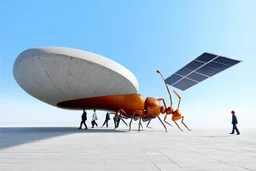 3D representation of architectural wonder, with a concrete design and matte reddish glass that contrasts with the light blue sky, emphasizing organic movement. Its design represents an ant with a bulbous tail and membrane wings with solar panels, its tail is made of concrete and glass. It stands out from pedestrians, creating a sense of scale. In open space, its use is a public place and as a great viewpoint in the mountains Combination of practicality and artistic expression in architecture