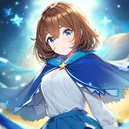 Clear focus, High resolution, A anime teen, cute, rough line skecth, star around kid, sparkling eyes, medium fluffy brown hair, blue sparkling eyes, 1girl (solo), wearing a blue snow cloak and a white shirt, yellow stars on skirt, blue skirt, star in hair yellow