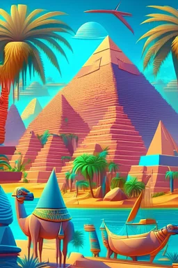 Egyptian pyramids and Pharaoh's tombs, Nile river with palm trees, large stone sculptures, camels, cartoon style, fantasy, colorful, digital art, 8k, full details, high resolution