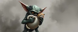 air brush 3d with pen outline, mongrel goblin gremlin holding big cute cat monster with blurred shadow outline, charcoal fog border
