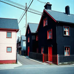 Fotografia di strada giapponese blu aperta weirdcore dai colori vivaci. Max Ernst. Le case sono false e dipinte di nero chiaro con g stilizzate e dettagli. Ci sono finestrelle quadrate, che danno un senso distopico e molto surreale, disposte in modo casuale. L'atmosfera generale sembra noiosa e onirica, con un contrasto tra elementi reali ed elementi dipinti