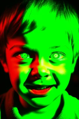 Face of an evil child with a demonic smile, white eyes, surrounded by flames, youthful green lighting.