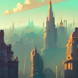 Skyline from Belvedere,Beaux Arts architecture,detailed facades,Book illustration by Gediminas Pranckevičius, Jean Baptiste Monge, Brian Kesinger, Anton fadeev, Kilian Eng, strong lines, high contrast vibrant colors, highly detailed, 16k resolution, trending on behance