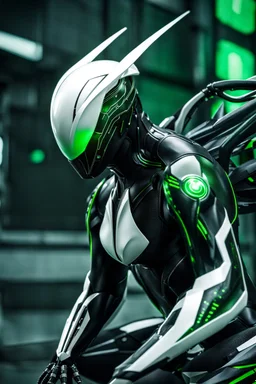 Cyborg symbiote, white color, green color, tendrils, high tech, cyberpunk, biopunk, membrane wings, carbon fiber