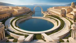 a roman city divided by a river next to the ocean. seen from a hill. perfect symmetry. marble and gold. fantasy.