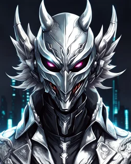 Logo silver skinned anime Dragman cyberpunk with dragon mask in his eyes (((full body)))